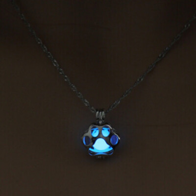 

Fashion Glow in the Dark Dog Paw Pendant Necklace Silver Chain For Women Girl Punk DIY Locket Cage Luminous Pet Jewelry