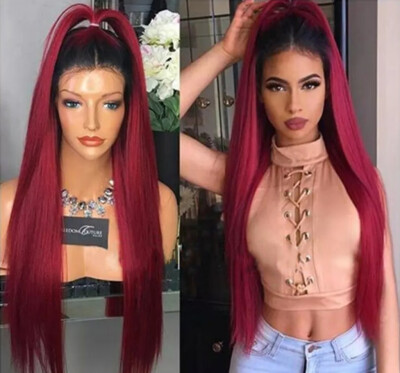 

Tailored Womens Fashion Front lace Wig Red Synthetic Hair Long Wigs Wave straight Wig