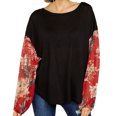 

Tiffley Time Womens Leopard Stitching Sleeves Round Neck Casual Pullover Shirt Thin Sweater