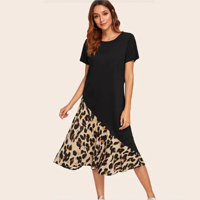 

Tailored Women Short Sleeve O-Neck Leopard Printing Splice A-Line Dress Ankle-Length