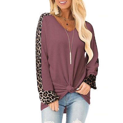 

Autumn Women Blouses Loose V-neck Leopard Print Splicing Long Sleeve Tops