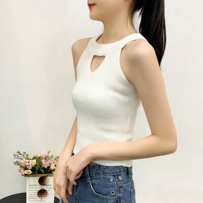 

Women Knitted Halter Pullover Sexy Hollow Out Tank Top Sleeveless Casual Cropped Tees Camis Simple Solid Color Tank Tops
