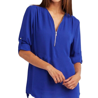 

Plus Size  Womens Blouse Tops Female Casual Long Sleeve Solid Color Loose Chiffon Shirts Blouses Ladies V-Neck Zipper Blouse