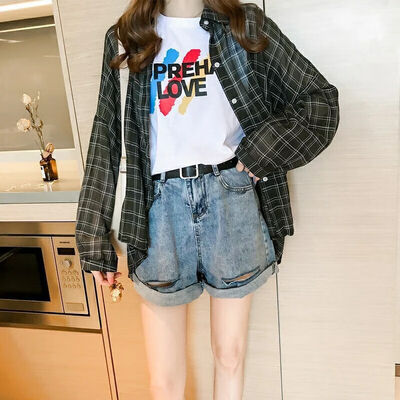 

2019 COCKCON fashion womens retro loose plaid printed loose lapel shirt retro long-sleeved casual top