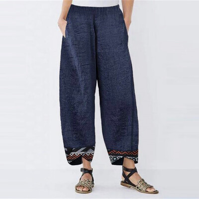 

Gobestart Fashion Womens Plus Size Pocket Lrregular Print Splice Loose Cotton Linen Pants