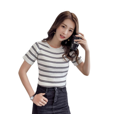 

Skinny Knitted T shirt Women Crop Top Ladies Summer Tee Shirt Contrast Striped Top Round Neck Short Sleeve Crop T-shirt 4 Color