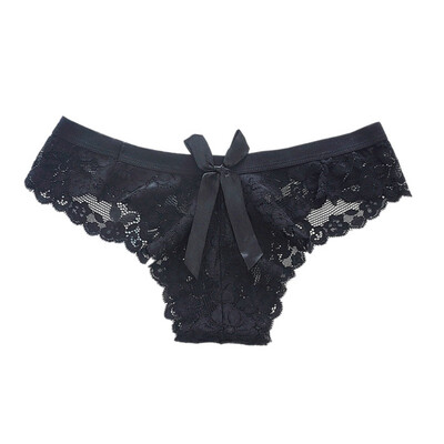 

Women Sexy Panties Bow Lace Slim High Waist Perspective Flexibility Solid Color Transparent Comfy Briefs