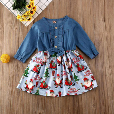 

Baby Girl Christmas Outfits Long Sleeve Denim Shirt Tutu Dress Maxi Dress