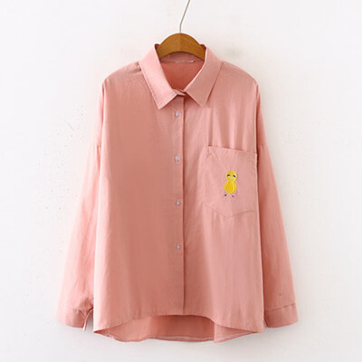 

New Autumn Women Loose Blouses Korean Fashion Embroidery Pockets Long Sleeve Women Casual Tops
