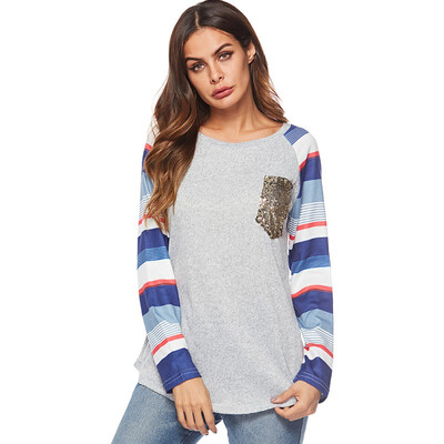 

Women Patchwork Striped T Shirts O Neck Tees With Pocket Female Casual Tops Long Sleeve Autumn Femme Ladies Clothes -2XL