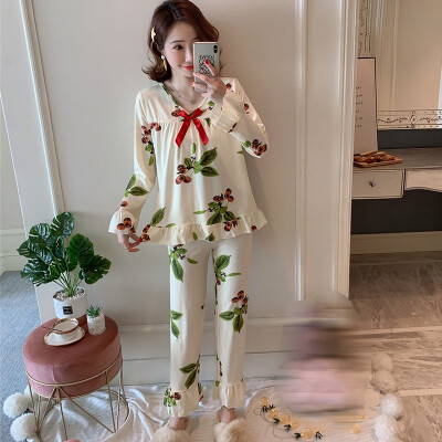 

Autumn Women Pajamas Sets Flower Print Fashion Bow Luxury Female Faux Silk Two Pieces Shirts Pants Nighties Sleepwear