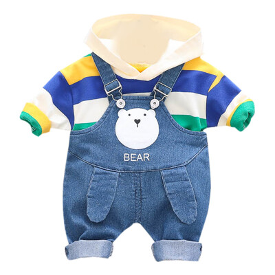 

Cute Toddler Newborn Boy Autumn Outfits Long Sleeve Stripe Print Hoodie TopCartoon Strap Trousers Casual Sets