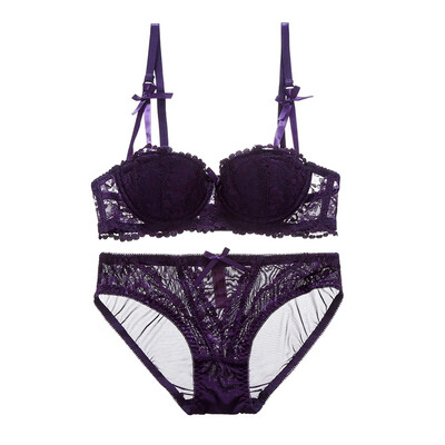 

Sexy Lingerie Set Lace Half Cup Bra Set Ladies Wireless Thin Cotton Breathable Underwear Solid Color Bow Underwear Set