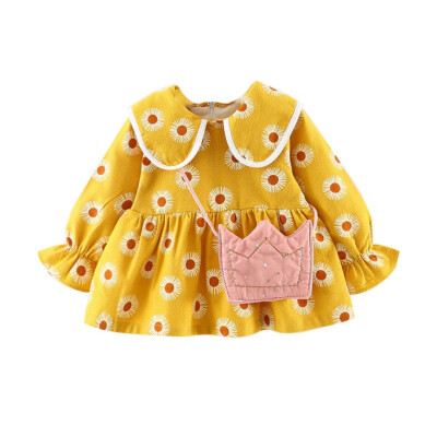 

Girls Dress With Bag Autumn Casual Baby Girls Floral Pattern Long Sleeve Dress With Crown Bag Kids Toddler Pageant Sundress