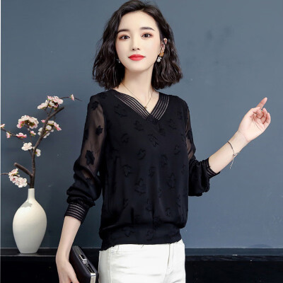 

Korean new fashion Slim long-sleeved female chiffon women blouse casual loose tops solid women shirt V Neck