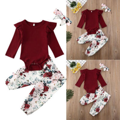 

3PCS Newborn Baby Girl Kid Tops Romper Floral Pants Headband Outfits Set Clothes