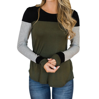 

Autumn Casual Color Block Women Long Sleeve Round Neck T-Shirt Slim Fit Top