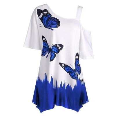 

Plus Size Women Butterfly Print T-shirt Cold Shoulder Short Sleeve Tunic Tee Top