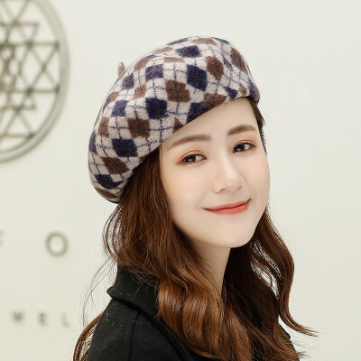 

Autumn&Winter 2019 New Korean Version Ladys Coloured Rhombic Wool Beret Hat Retro Wool Painter Hat Wholesale