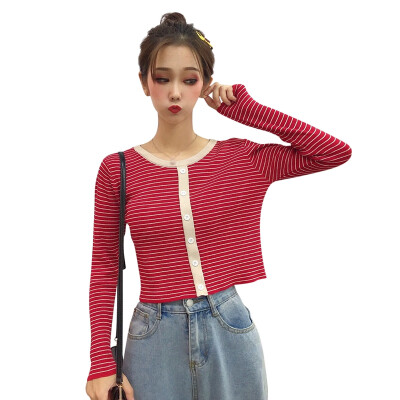 

New Korean Contrast Color Striped Sweater Women O-neck Long Sleeve Knitted Pullover Jumper Slim Fashion Buttons Short Sweaters