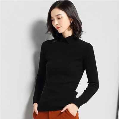 

Autumn New Slim Solid Color Sweater Women Korean Style Simple Knit Top Casual Lapel Long sleeve Knit Pullover HX01