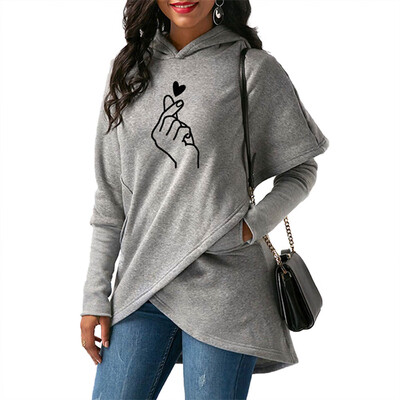 

New Women Fashion Long Sleeve Finger Heart Printed Hoodie Casual Solid Color Front Cross Irregular Hooded Sweatshirt