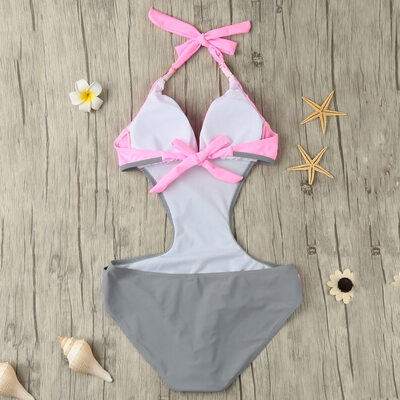 

New Sexy Women One-piece Swimsuit Contrast Color Block Halter Backless Beach Swimwear Bathing Suit