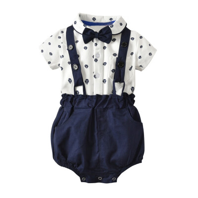 

Newborn Baby Clothes Boys Solid Strap Shorts Short Sleeve Casual Bow Tie Shirt Tops Gentle Outfits Clothes Set Soft Touch 2Pcs