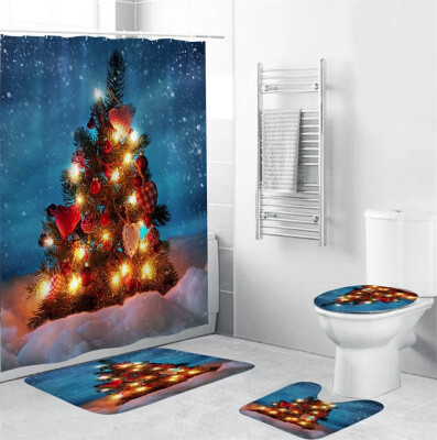 

Tailored 4Pcs Christmas shower Curtain Bathroom Anti-slip Carpet Rug Toilet Cover Mat Set