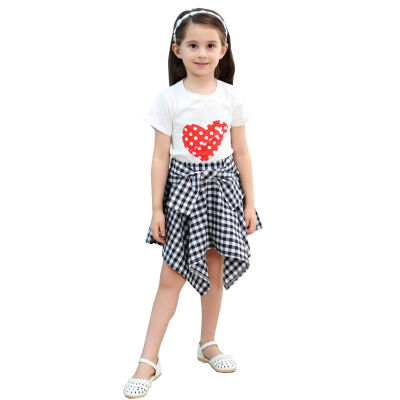 

Girls clothes Childrens Heart T-shirt Plaid Skirt Set