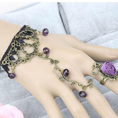 

Victorian Style Retro Lace Bracelet Lolita Floral Rose Flower Link Chain Bracelet Ring Set Crystal Jewelry