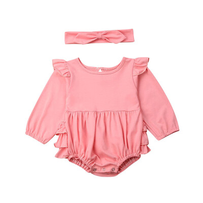 

Baby Girl Cotton Infant Long Flare Sleeve Autumn JumpsuitHeadband Newborn Romper Set