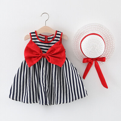 

Summer Girl Dress with Hat Stripe Print Fashion Bow Girls Dresses Casual Kids Clothes robe fille enfant 3M-2T