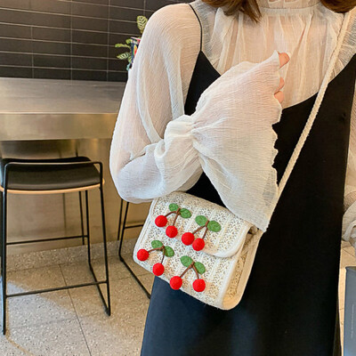 

Fashion Summer Beach Cherry Straw Weave Square Flap Women Crossbody Shoulder Bag