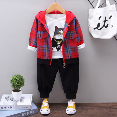 

Autumn Baby Boy Long Sleeve Cartoon Print T-shirt&Plaid Zipper Hoodie Coat &Solid Color Trousers 3pcs Casual Outfits
