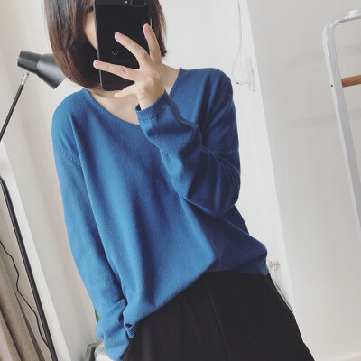 

Womens solid color sweater deep V-neck top stretch cotton tight bottoming long-sleeved knitwear code