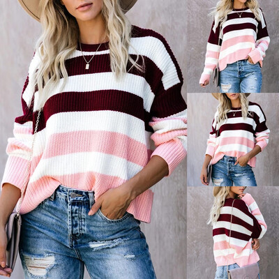 

Tailored Women Sweaters Long Sleeve O Neck Color Block Striped Casual Knitted Pullover