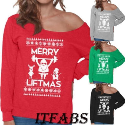 

Goodlook Merry Liftmas Women Sweatshirt Off Shoulder Sweater Christmas Tops Oversize niceshirt