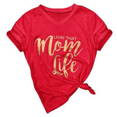 

Summer Mom Life Gilding Letter Print Womens Short Sleeve V Neck T-Shirt Top