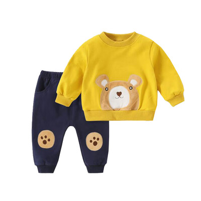 

Autumn Baby Kids Boys Girls Long Sleeve Cotton Clothing Sets Cute Cartoon Bear Printed Sweatshirt Solid Color Trouser Sets