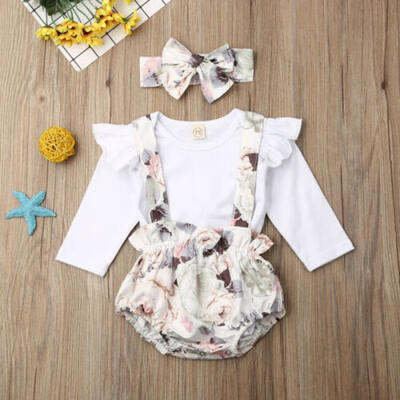 

US Infant Baby Girl Clothes Long Sleeve Tops RomperFlower Bib Shorts Outfit Set