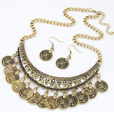 

New Fashion Luxury Womens Metal Coins Pendant Chain Bib Necklace Earrings Jewelry Set Chritsmas Gift