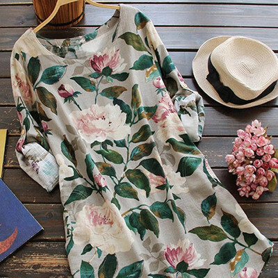 

Women Autumn Large Size Dress National Style Round Collar Flower Print Ruffled Half Sleeve Slim Retro Dress 4 Colors