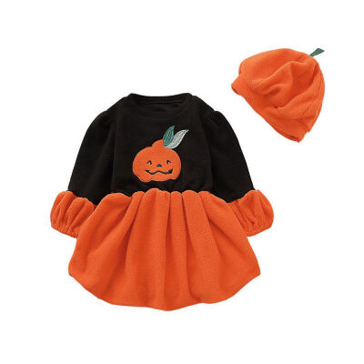 

Baby Girls Dress Set Halloween Pumpkin Print Dress Hat Kids Casual Long Sleeve Tutu Sundress Autumn