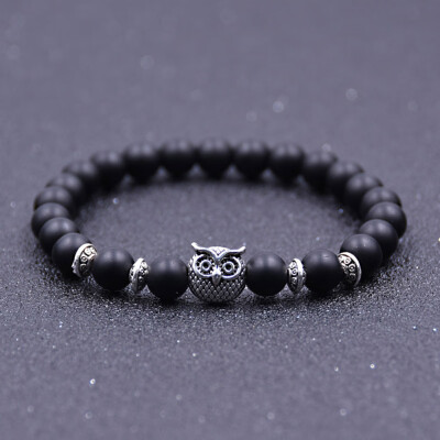 

New Natural Lava Stone Bead Bracelet Silver Owl Bracelet for Women Men Vogue