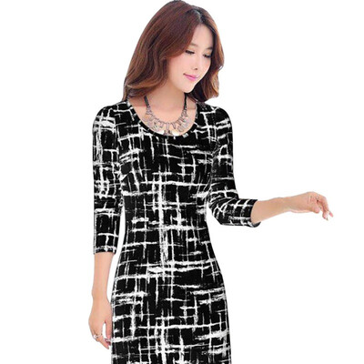 

Bodycon Dress women new plaid printed 34 sleeve summer autumn dresses black white elegant office OL style Fashion Vestidos