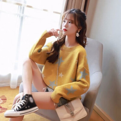 

Casual Women Sweater Long Sleeve Loose Knit Pullovers Fashion Autumn Winter Round Neck Print Sweater