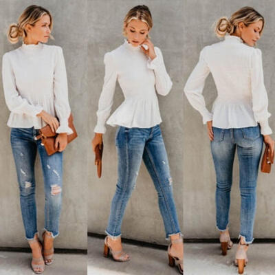 

Women&39s Mock Neck Slim Fit OL Shirt Solid Long Sleeve Casual Blouse Tops T-shirt