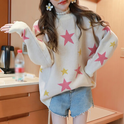 

Casual Women Sweater Long Sleeve Loose Knit Pullovers Fashion Autumn Winter Round Neck Print Sweater