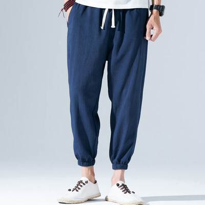 

Gobestart Mens Casual Vintage Loose Cotton Linen Pure Color Comfort Ankle-Length Pant